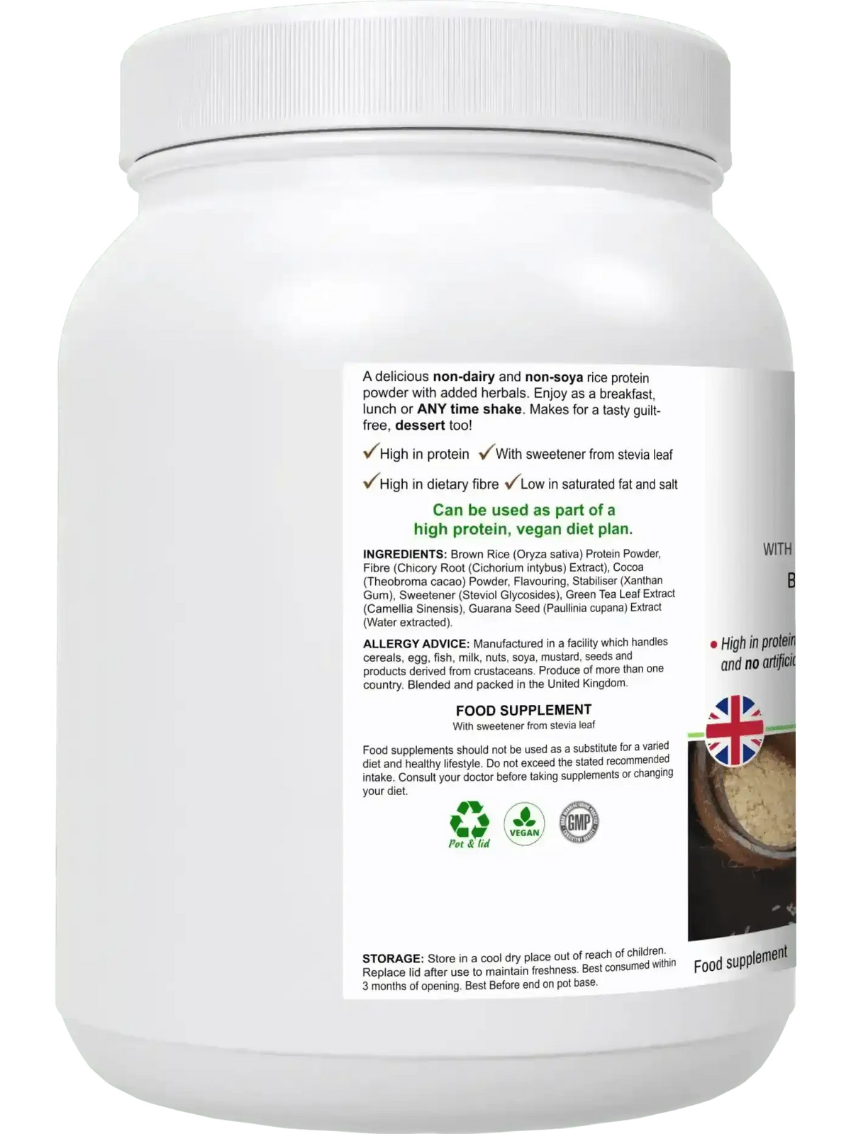 BioBodyBoost RicePro brown rice protein UK — halal approved, soy-free, dairy-free, gluten-free, side view