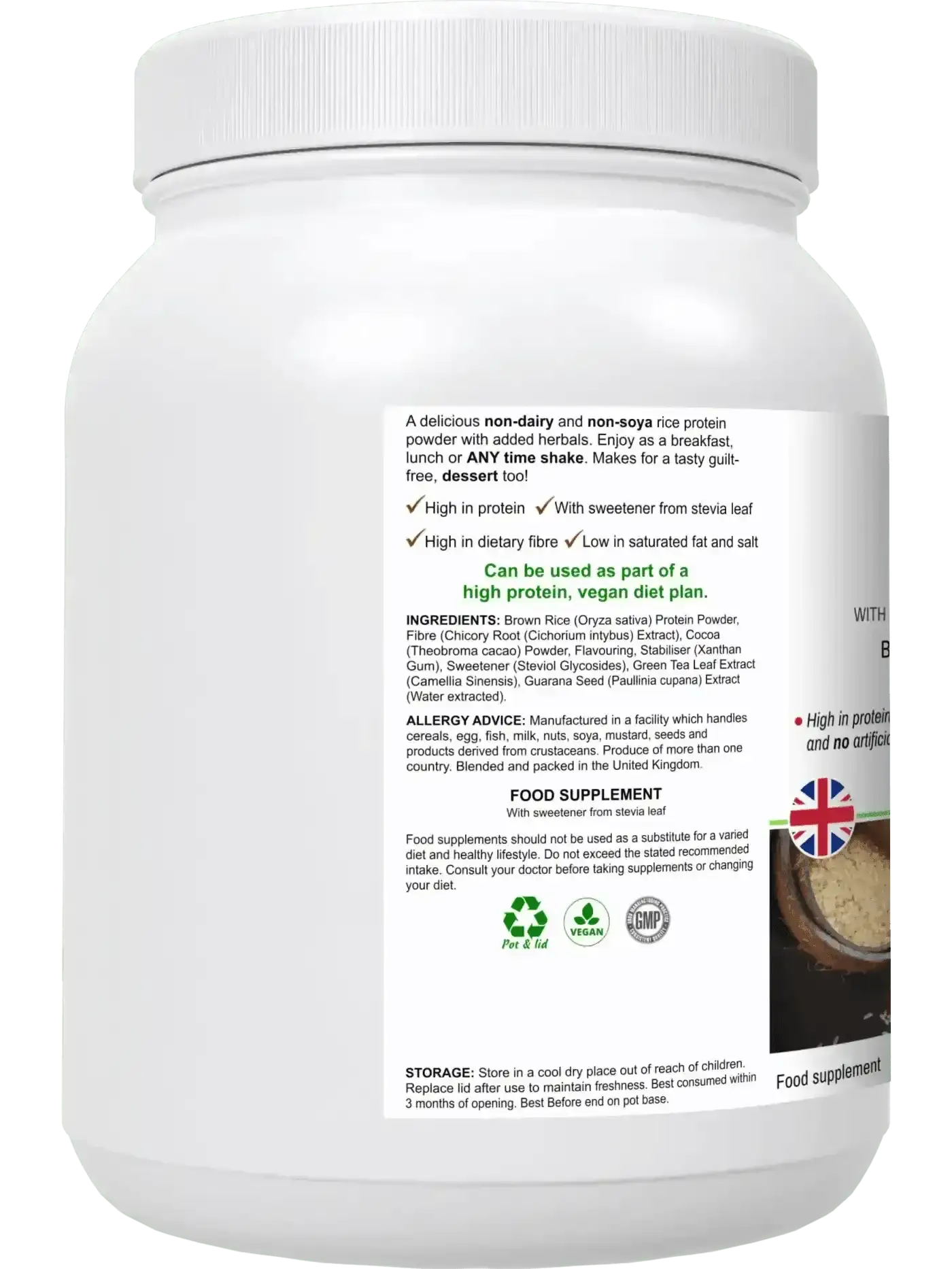 BioBodyBoost RicePro brown rice protein UK — halal approved, soy-free, dairy-free, gluten-free, side view