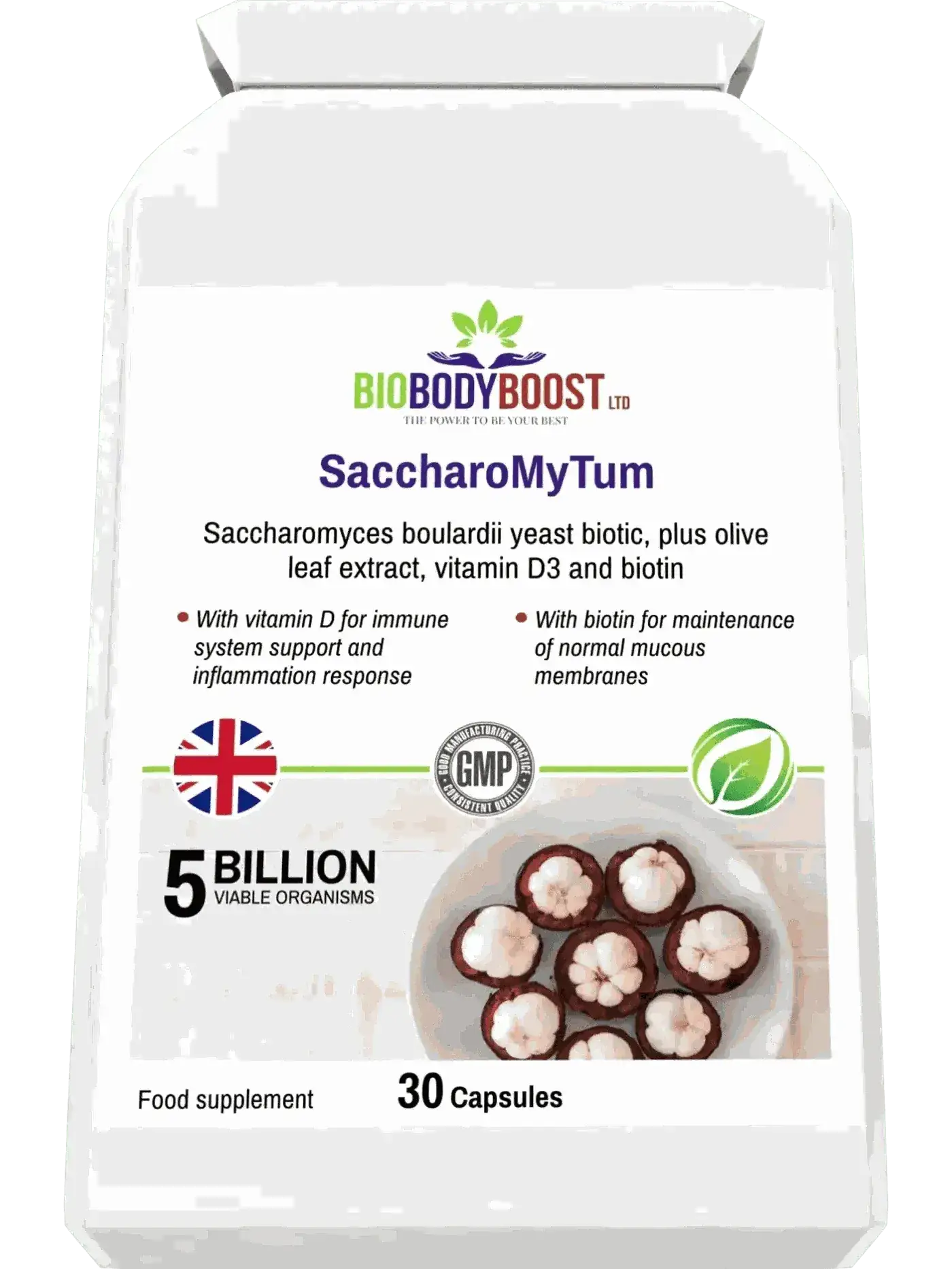 SaccharoMyTum probiotic yeast lifestyle shot UK — BioBodyBoost specialist gut supplement, 30 capsules, room temperature stable
