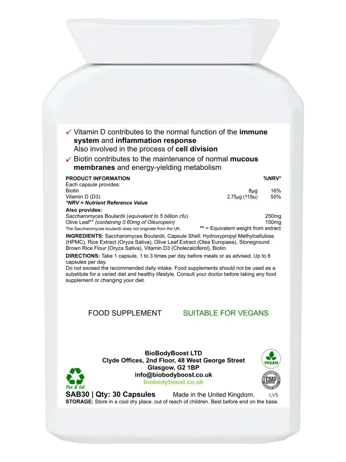 SaccharoMyTum 30 vegan S boulardii capsules UK — antibiotic-resistant probiotic yeast, back label with EU health claims