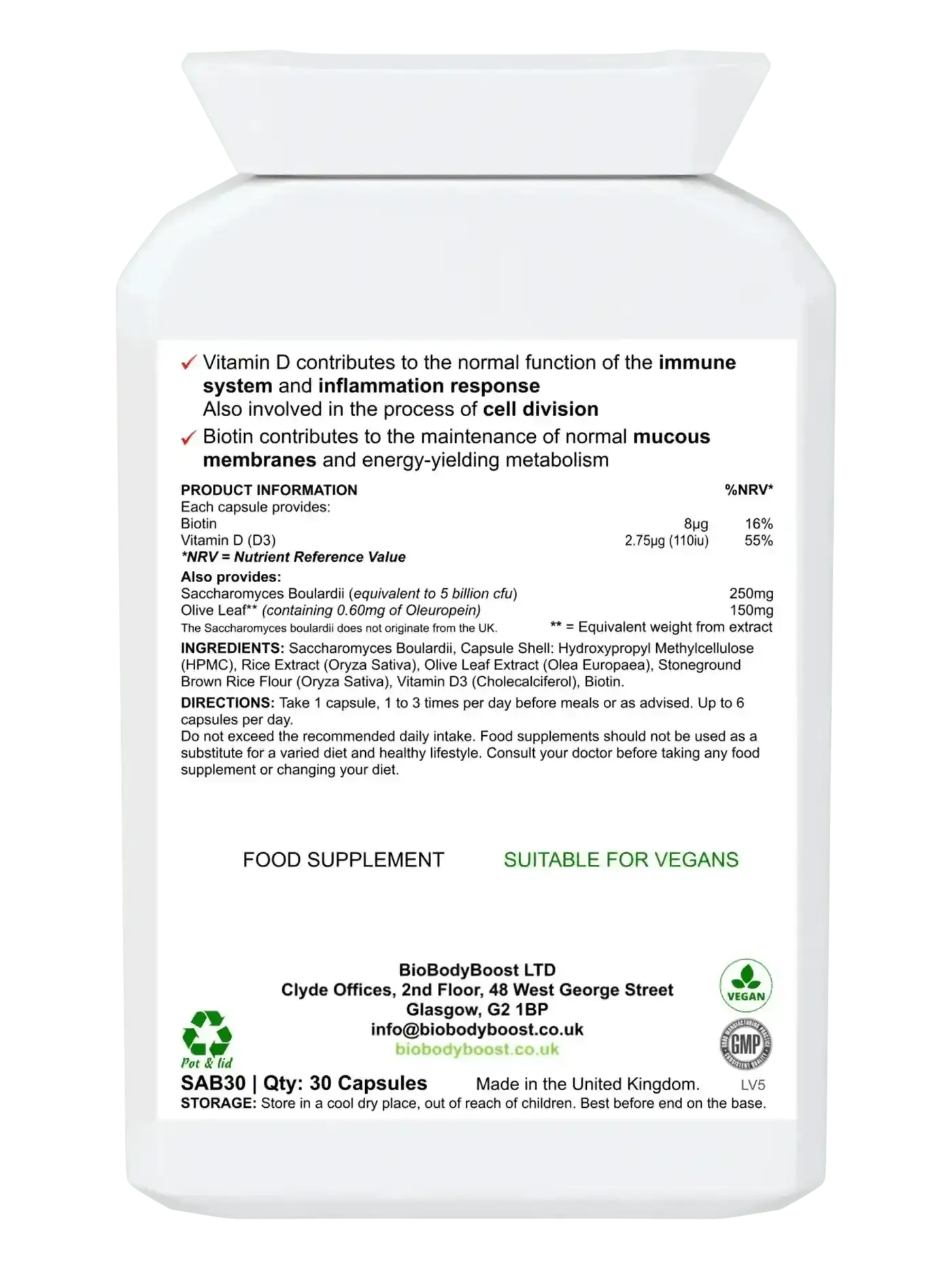 SaccharoMyTum 30 vegan S boulardii capsules UK — antibiotic-resistant probiotic yeast, back label with EU health claims