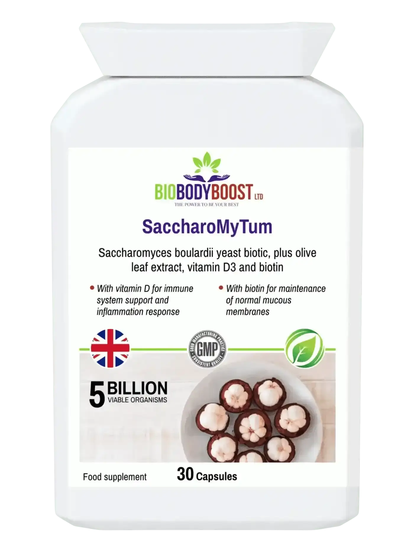 SaccharoMyTum saccharomyces boulardii supplement UK — 5 billion CFU probiotic yeast with vitamin D3 by BioBodyBoost, front label