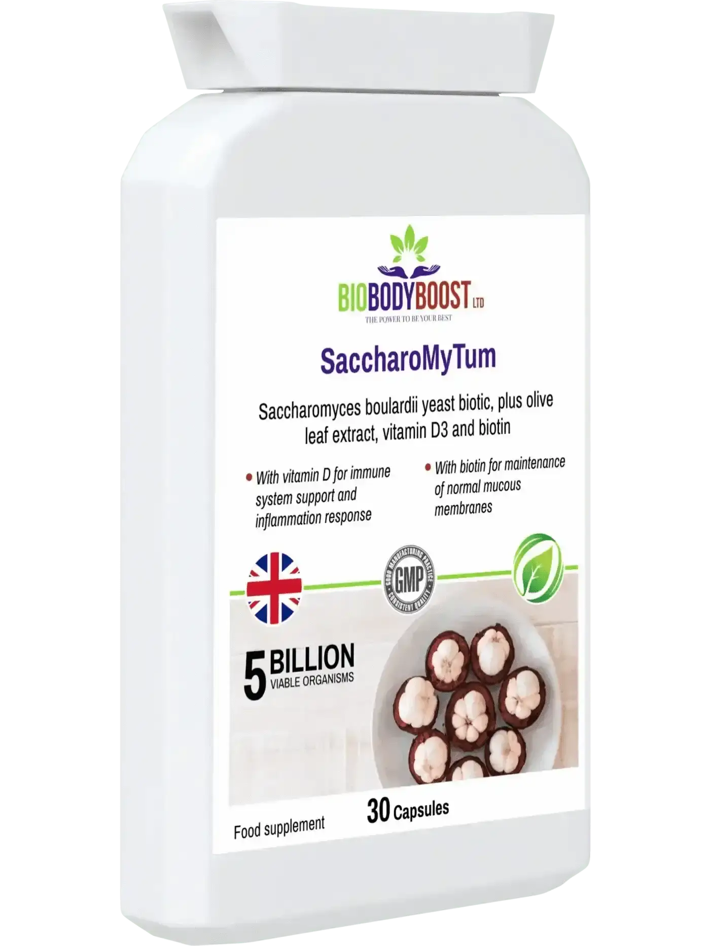 BioBodyBoost SaccharoMyTum S boulardii UK — biotin and vitamin D3 added, halal approved, vegan, gluten-free, UK made