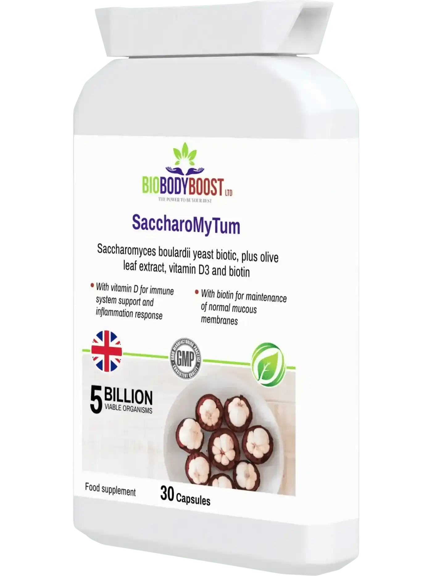 SaccharoMyTum probiotic yeast supplement UK — traveller's gut support, survives antibiotics, no refrigeration needed, side view