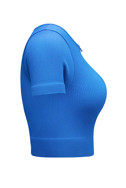 Sky Blue Zipped Notch Short Sleeve Ribbed Yoga Top