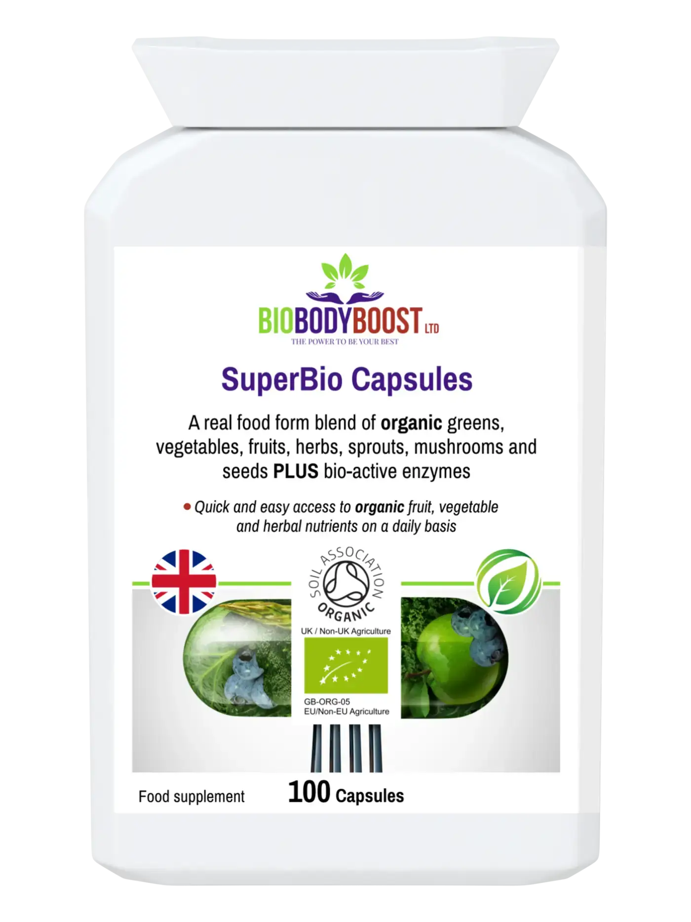 SuperBio Capsules Vegan Organic Foods Blend - Premium Vitamins & Supplements from BioBodyBoost - Just £17.99! Shop now at BioBodyBoost