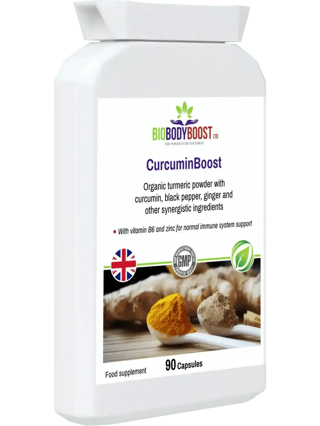 BioBodyBoost CurcuminBoost turmeric supplement UK — zinc and B6 formula, certified organic, halal approved, gluten-free