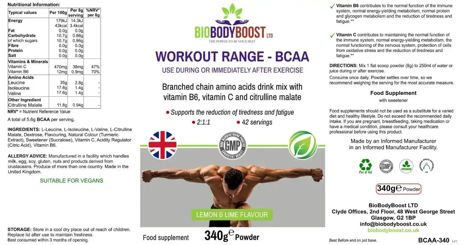 BioBodyBoost Amino Acids BCAA Amino Acids Drink Mix – Muscle & Endurance Support