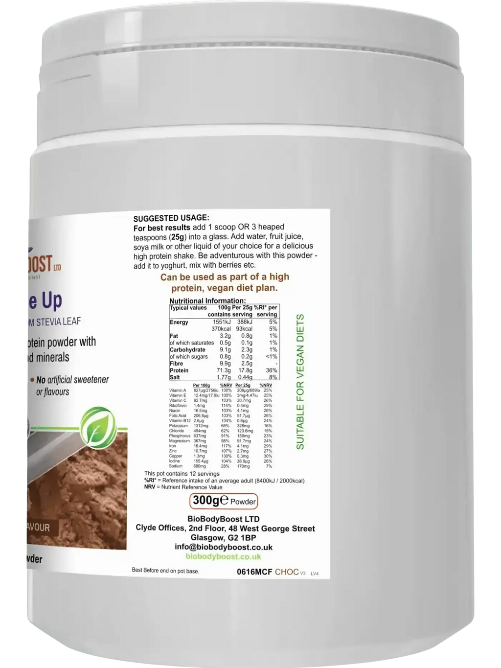 Shake Me Up chocolate plant protein shake UK — pea and rice protein blend, high fibre, low sugar, 300g bag