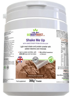 Shake Me Up chocolate vegan shake lifestyle shot UK — dairy-free gluten-free meal replacement, naturally sweetened