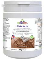 Shake Me Up chocolate vegan meal replacement shake UK — 18g plant protein with 14 vitamins by BioBodyBoost, front of bag