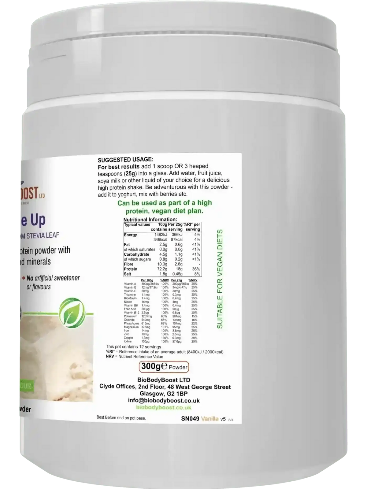 BioBodyBoost Shake Me Up vanilla meal replacement UK — halal approved, dairy-free, gluten-free, 14 vitamins and minerals