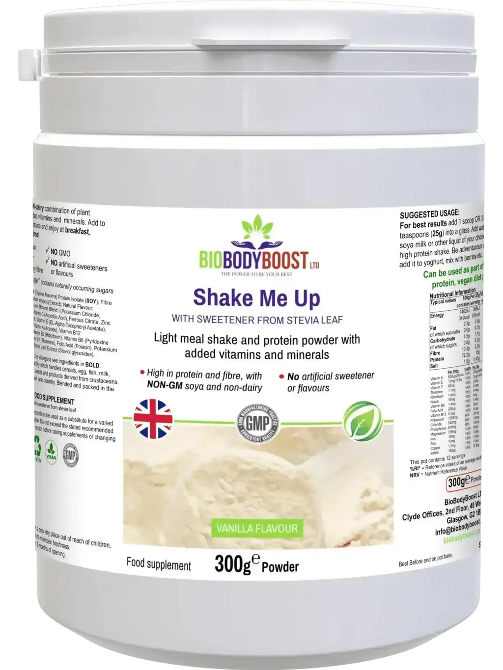 Shake Me Up vanilla vegan meal shake UK — 13.6g plant protein with MCT oil and psyllium fibre by BioBodyBoost, front of bag