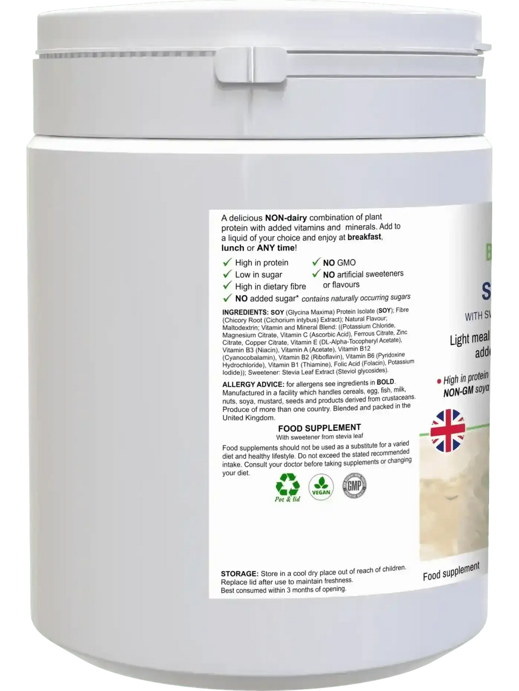 Shake Me Up vanilla vegan protein shake lifestyle shot UK — naturally sweetened, no artificial sweeteners, 12 servings