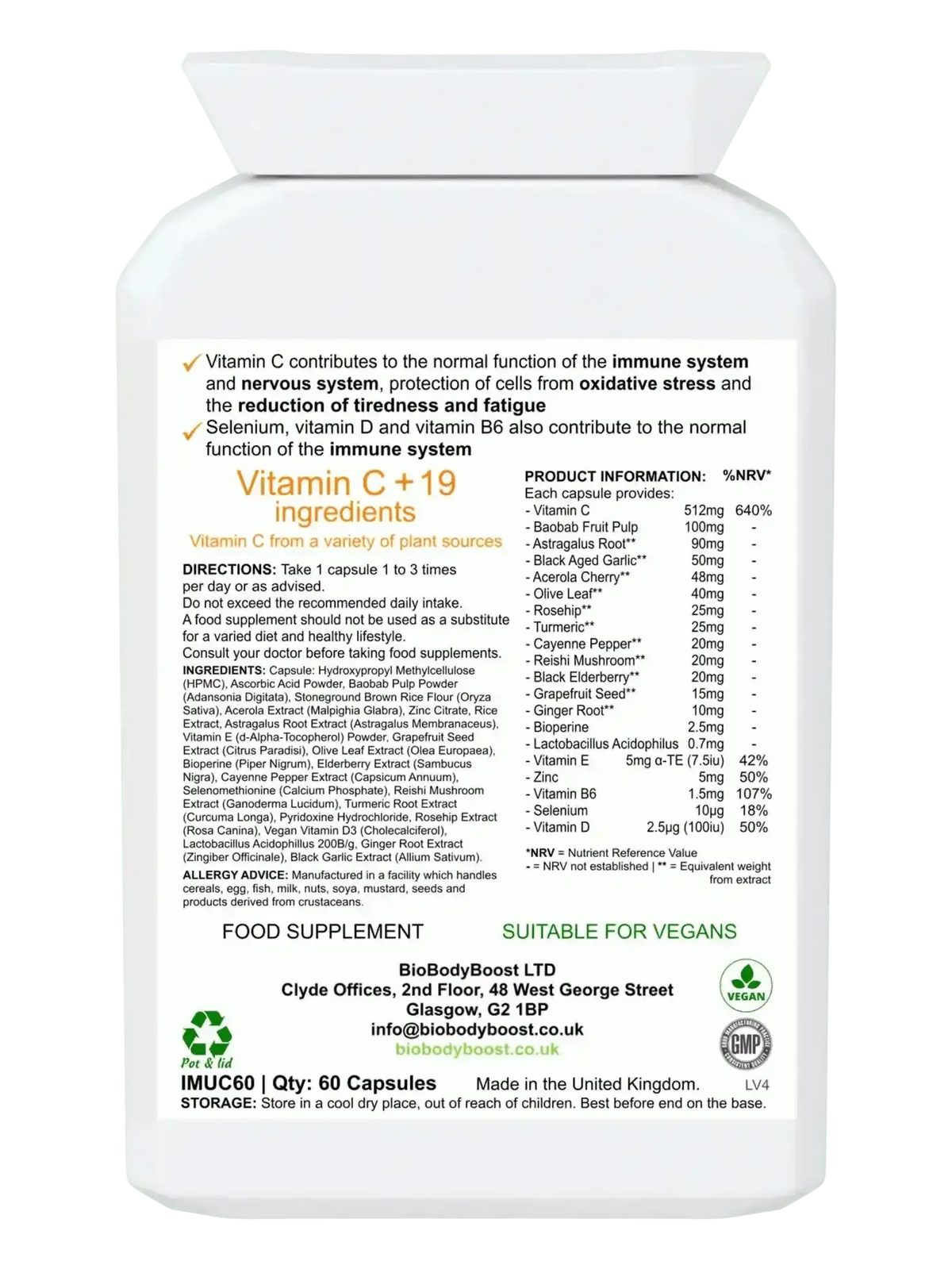 ImmuneBoost 60 vegan immune capsules UK — vitamin C, zinc and vitamin D complex, back label with ingredients
