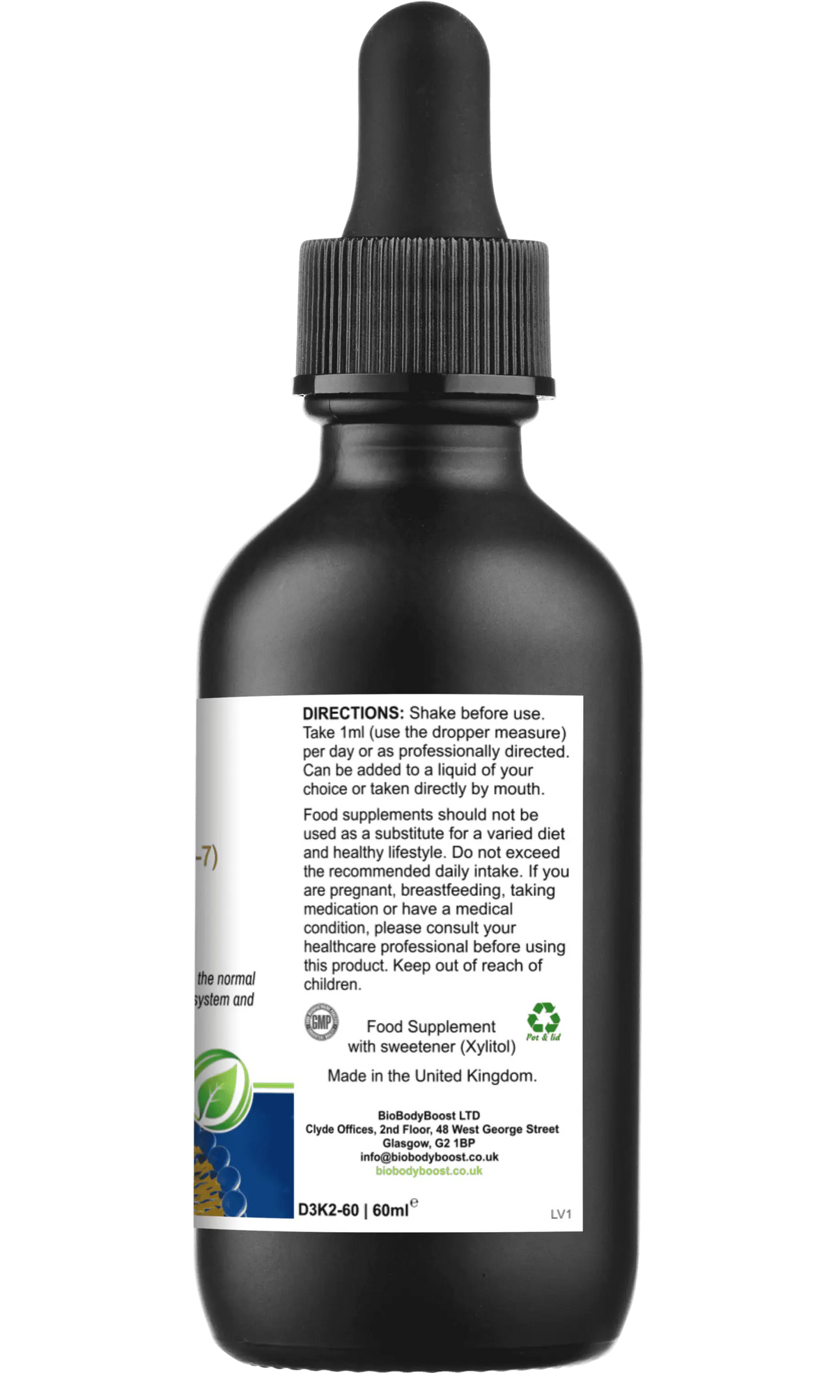 Side label of Lipovita D3 + K2 Drops with usage directions, storage instructions, and manufacturer details. Vegan liposomal vitamin D3 K2 MK7 supplement.