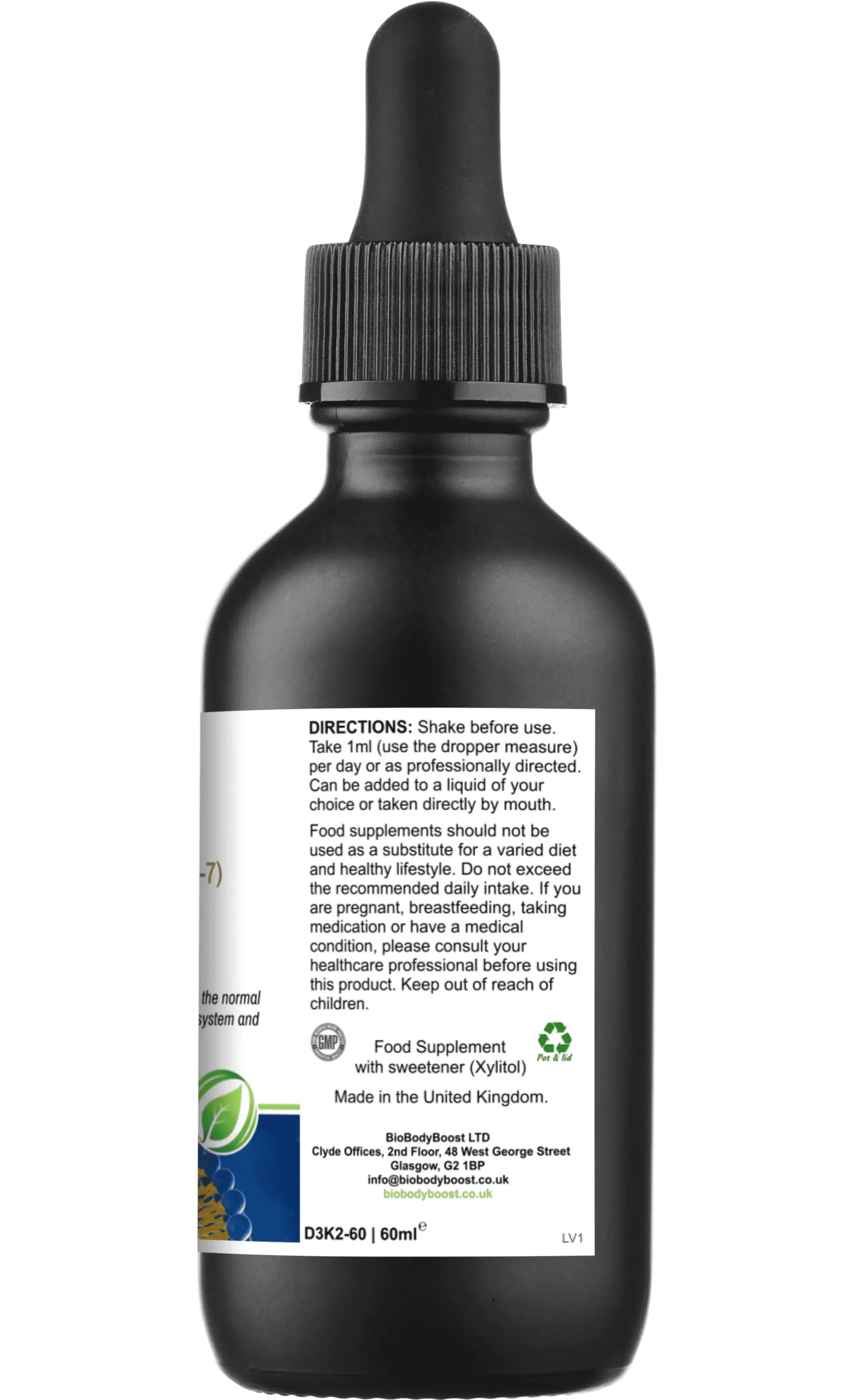 Side label of Lipovita D3 + K2 Drops with usage directions, storage instructions, and manufacturer details. Vegan liposomal vitamin D3 K2 MK7 supplement.