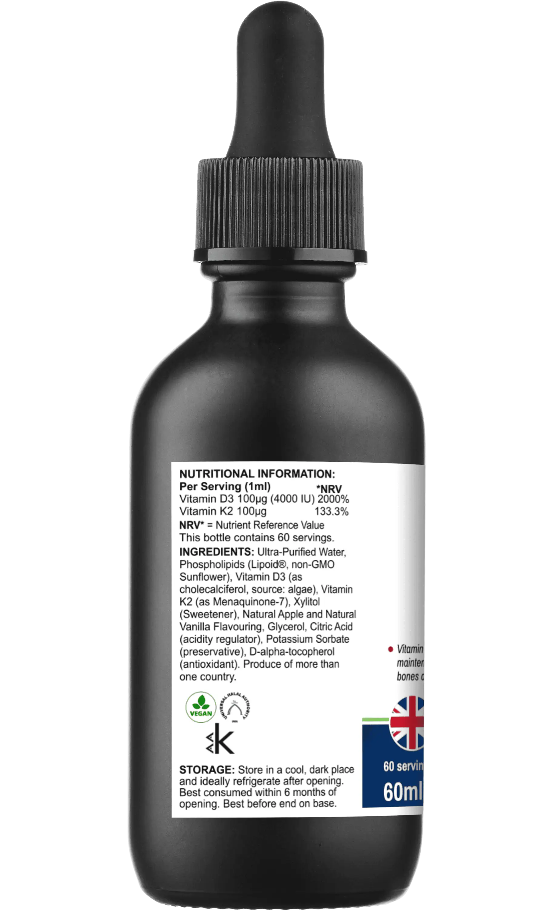 Back label of Lipovita D3 + K2 Drops showing nutritional information, ingredients, and vitamin content per serving. Vegan liposomal multivitamin supplement.