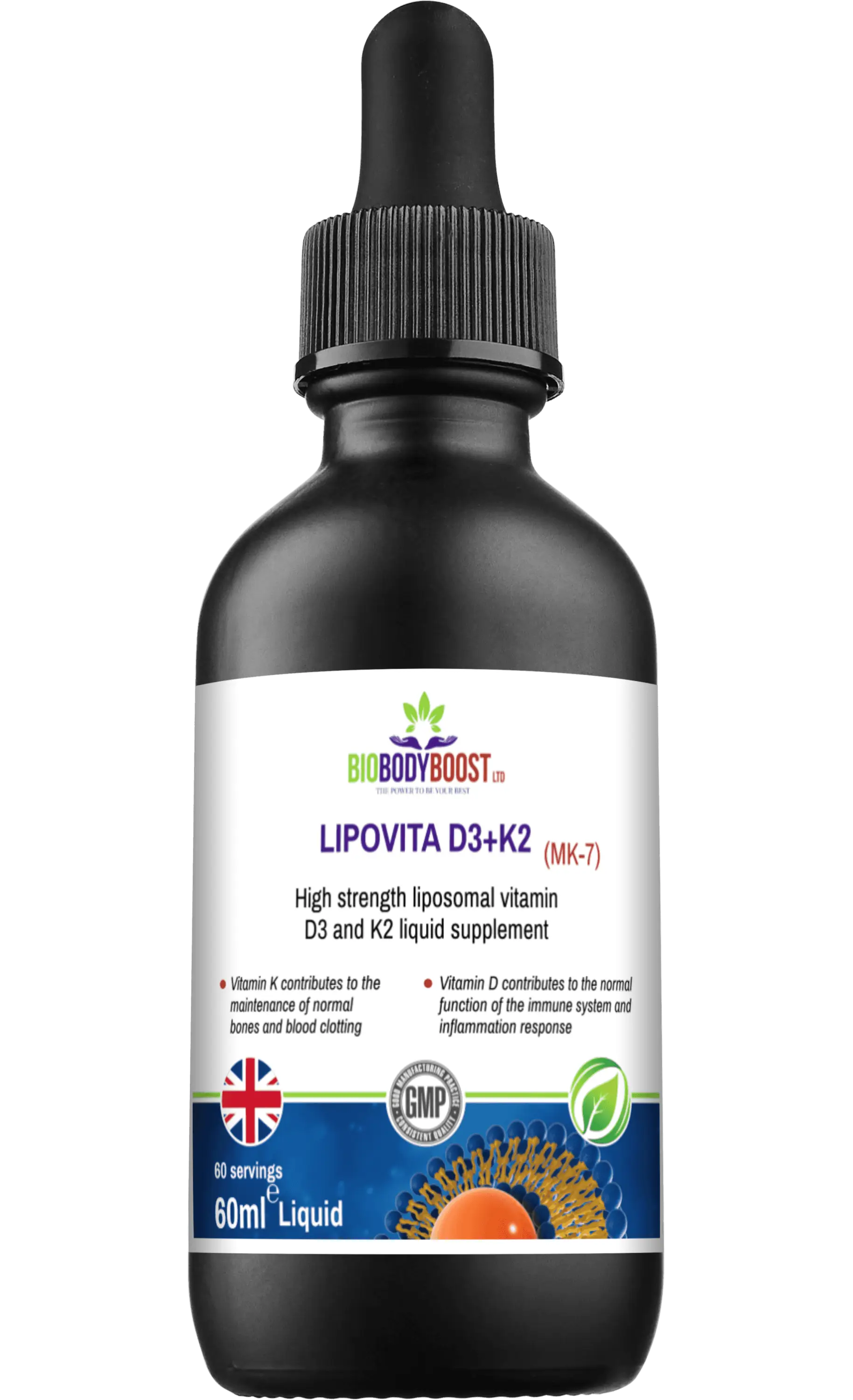 Front view of Lipovita D3 + K2 Drops bottle highlighting vegan formula, UK-made, and GMP certification. Liposomal vitamin D3 K2 for bone and immune health.