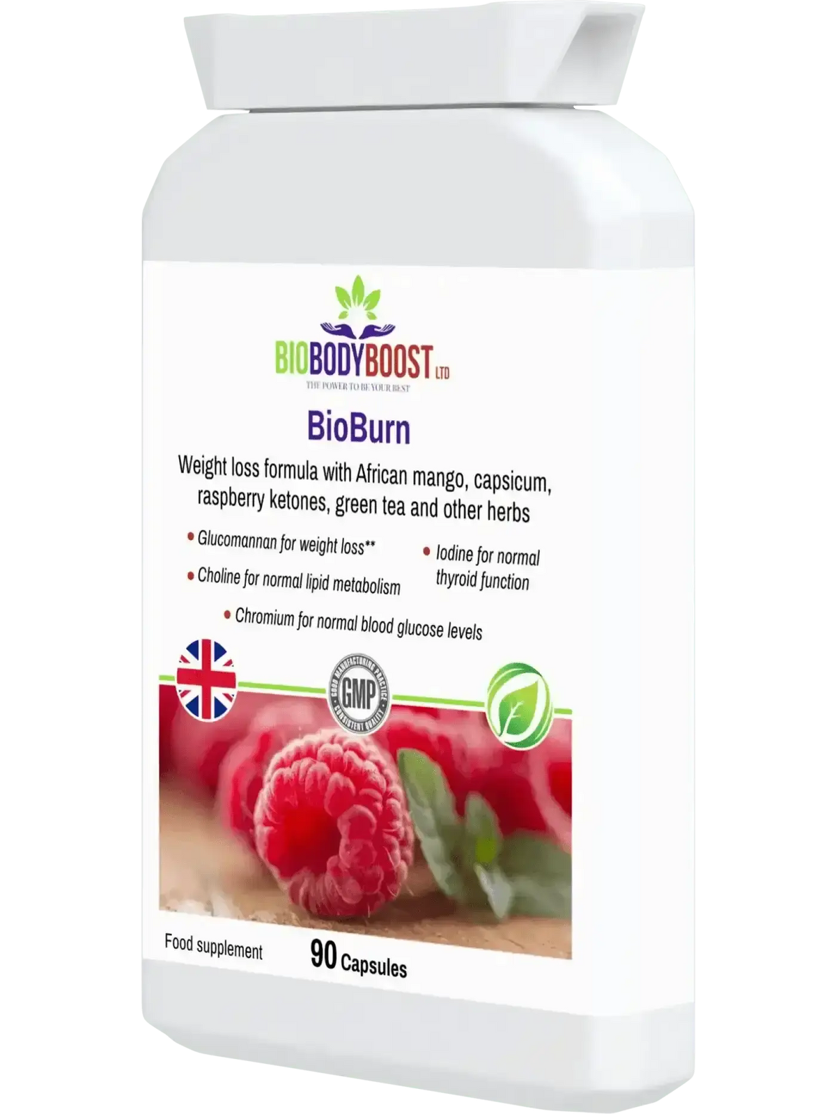 BioBurn glucomannan supplement UK — EFSA approved weight loss claim, green tea and cayenne pepper formula, side view