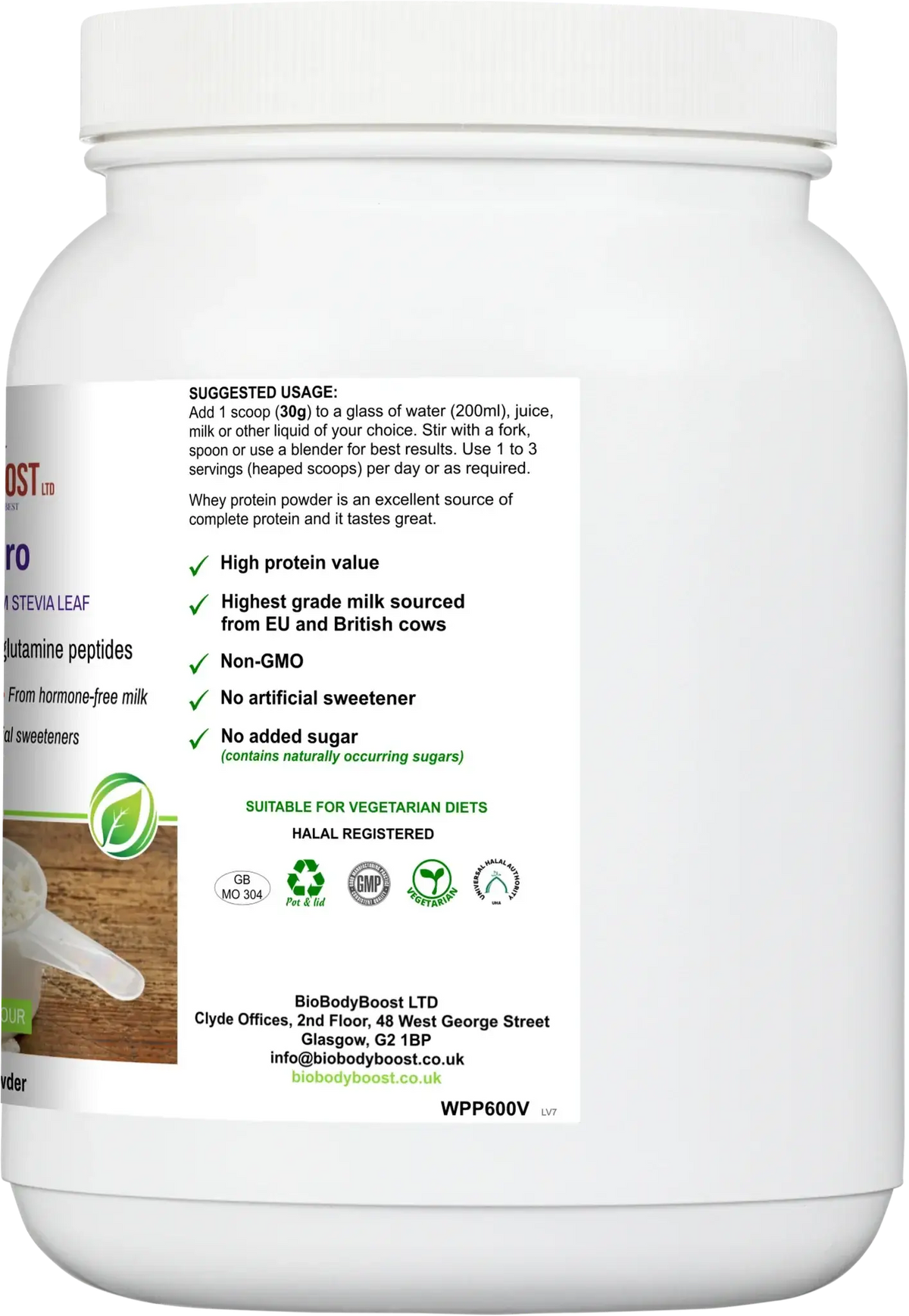 WheyPro vanilla 600g label showing suggested use of one 30g scoop, non-GMO, no added sugar, vegetarian and halal approved