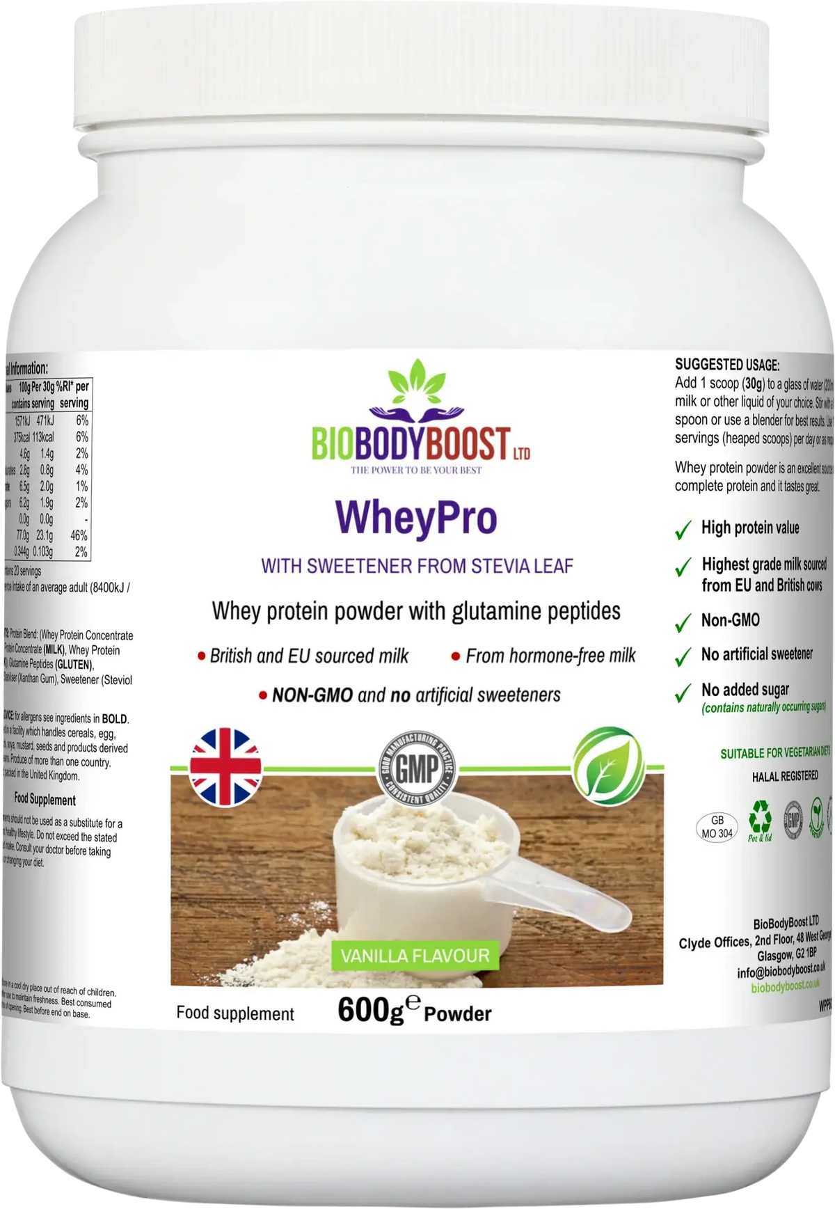 BioBodyBoost WheyPro vanilla whey protein powder 600g tub with glutamine peptides and stevia, halal approved