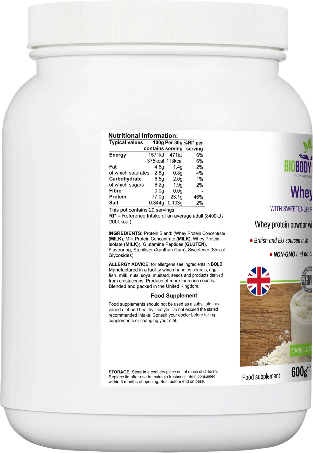 WheyPro vanilla nutrition label: 23.1g protein and 113kcal per 30g serving, ingredients and allergen information