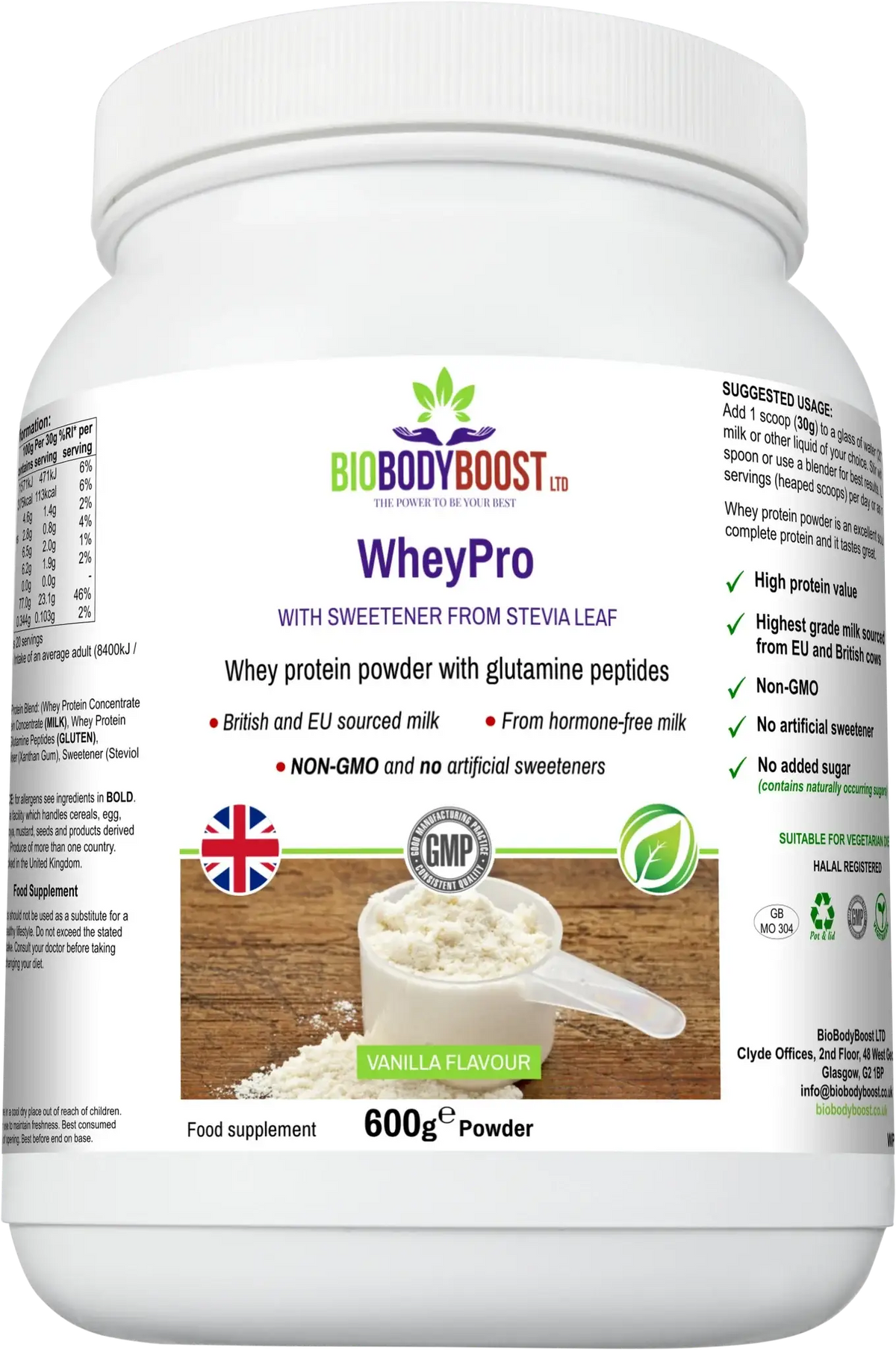 WheyPro vanilla flavour whey protein 600g tub by BioBodyBoost, angled view