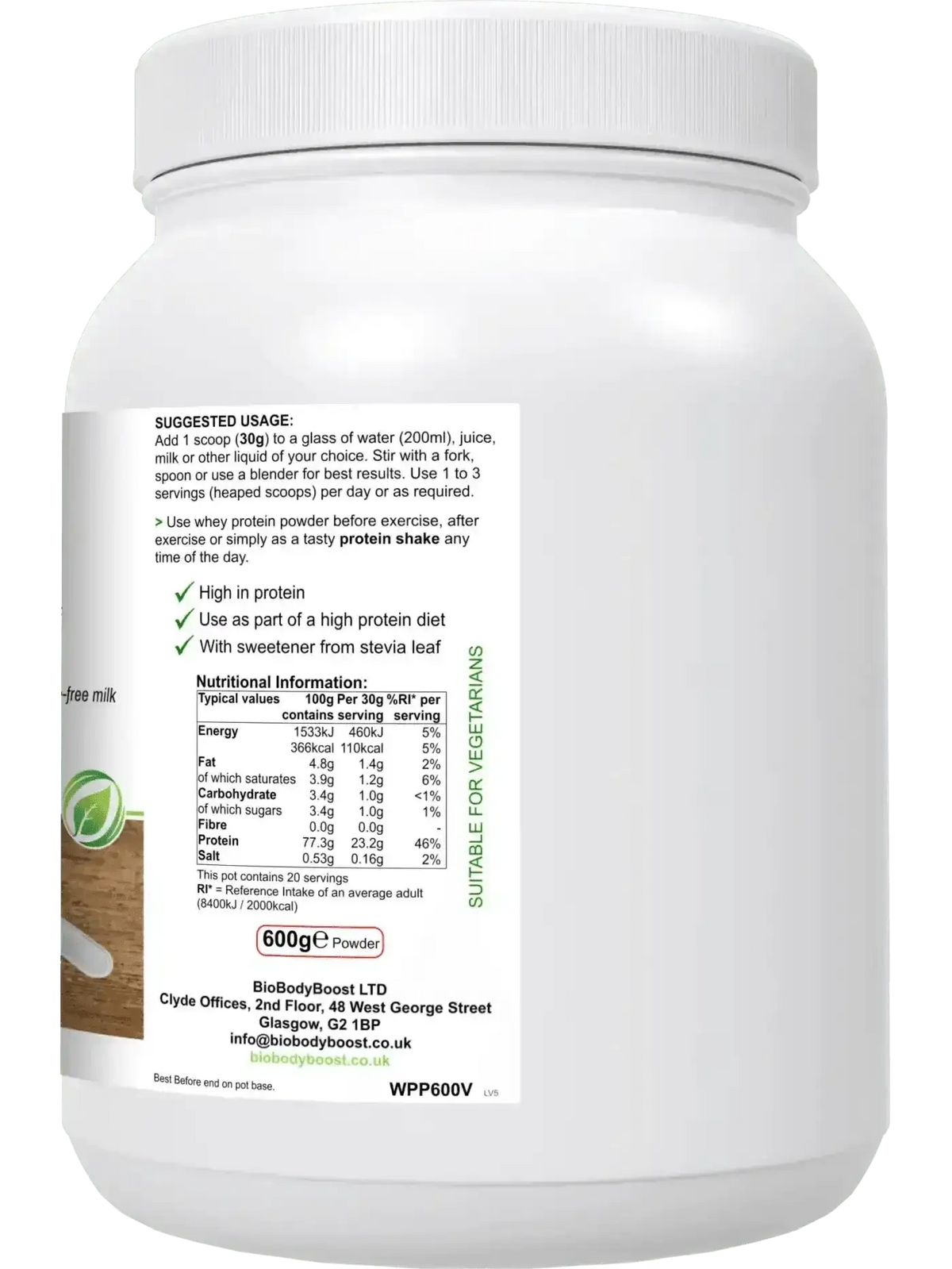WheyPro Vanilla 600g protein powder UK — naturally sweetened whey concentrate and isolate blend, back label with macros