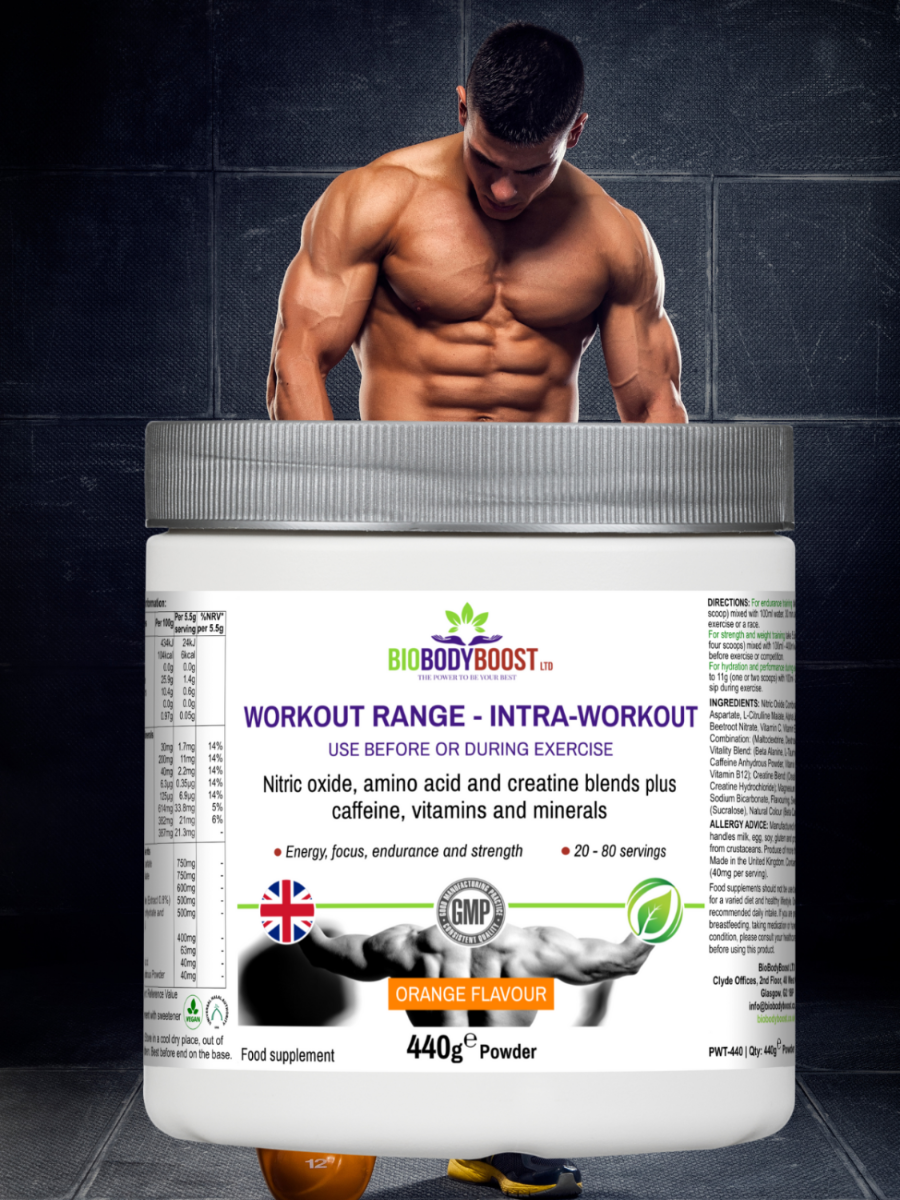 Container of workout supplement powder labeled "Workout Range - Intra-Workout" by Biobodi Boost